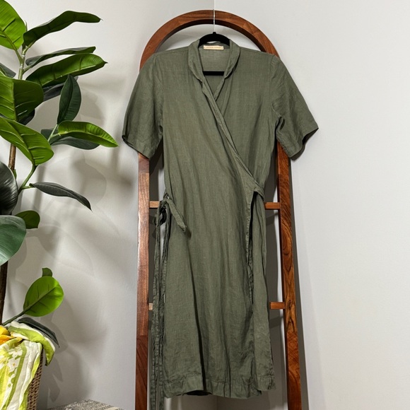 Rachael Harrah Dresses & Skirts - Rachael Harrah MEDIUM Olive Green 100% Linen Wrap Dress USA Made